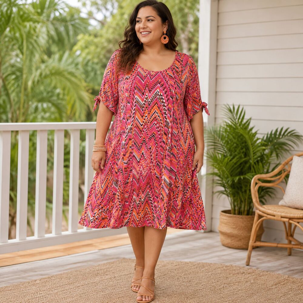 Plus Size Boho Swing Dress 3X Chevron Tie Sleeve Knee Length Vacation Flowy